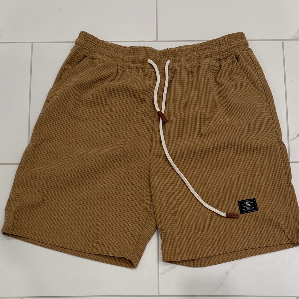 Mens Waffle Knit Drawstring Shorts - Brown
